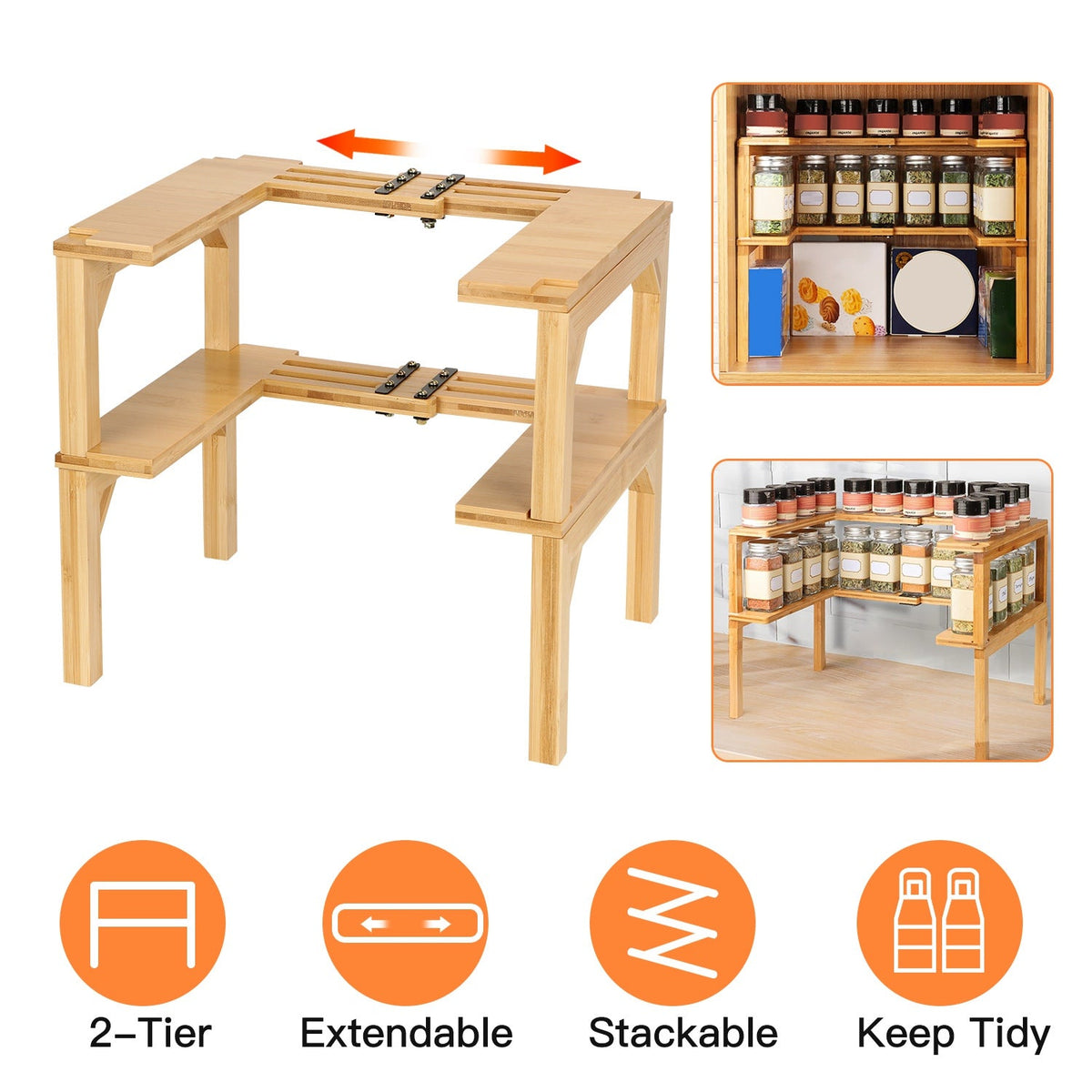 Expandable 2-Tier Bamboo Spice Rack