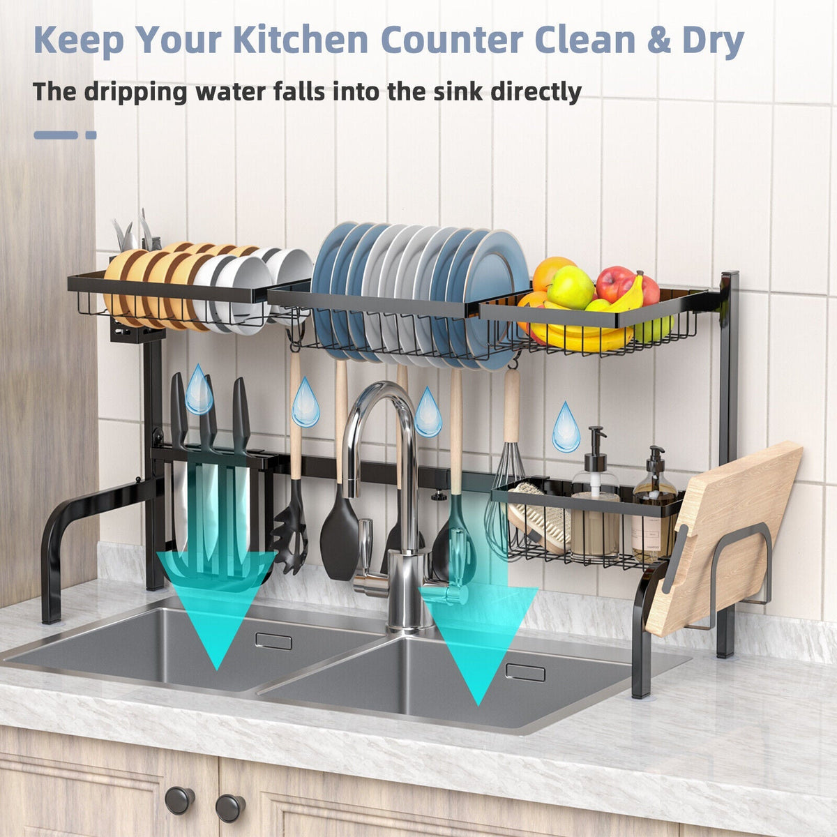 Adjustable Over-Sink Dish Drying Rack with Hooks