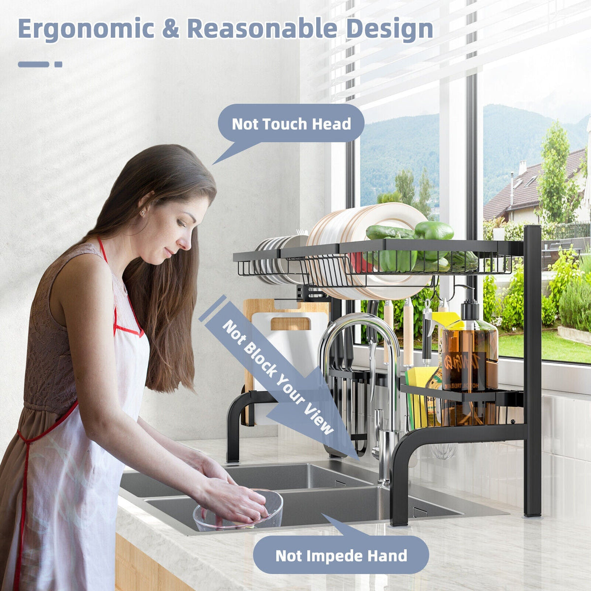 Adjustable Over-Sink Dish Drying Rack with Hooks