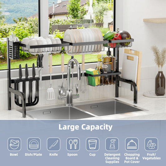 Adjustable Over-Sink Dish Drying Rack with Hooks