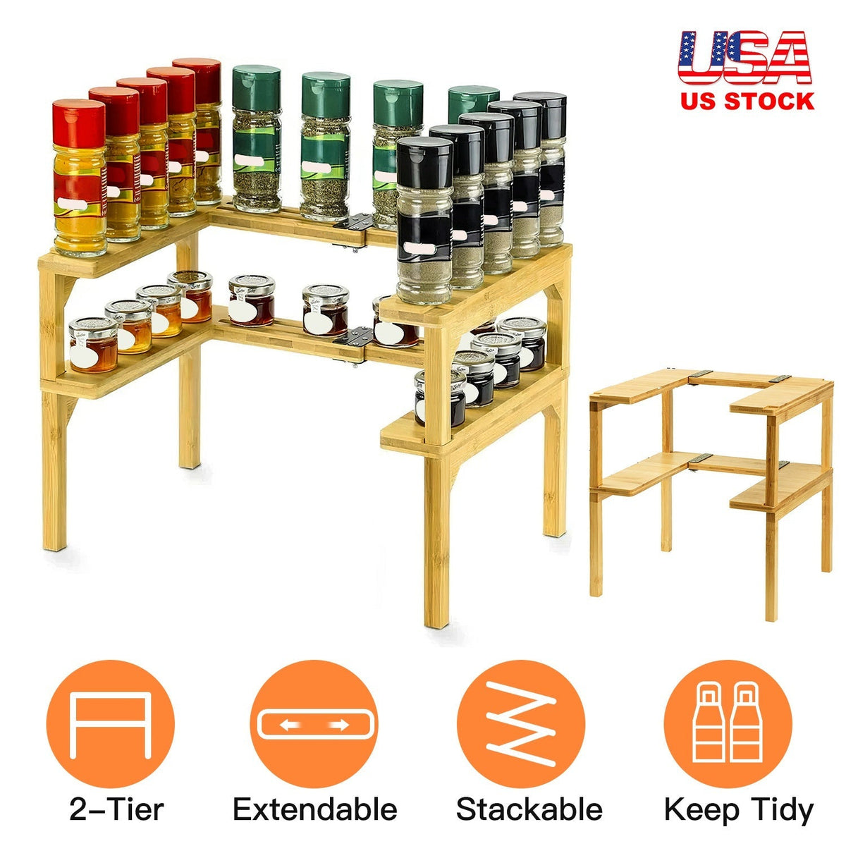 Expandable 2-Tier Bamboo Spice Rack