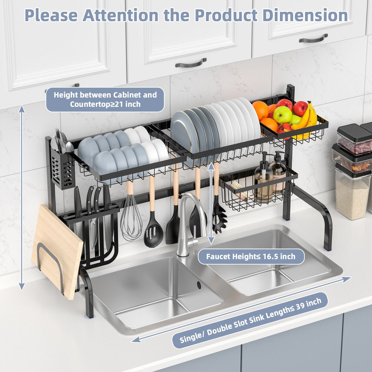 Adjustable Over-Sink Dish Drying Rack with Hooks