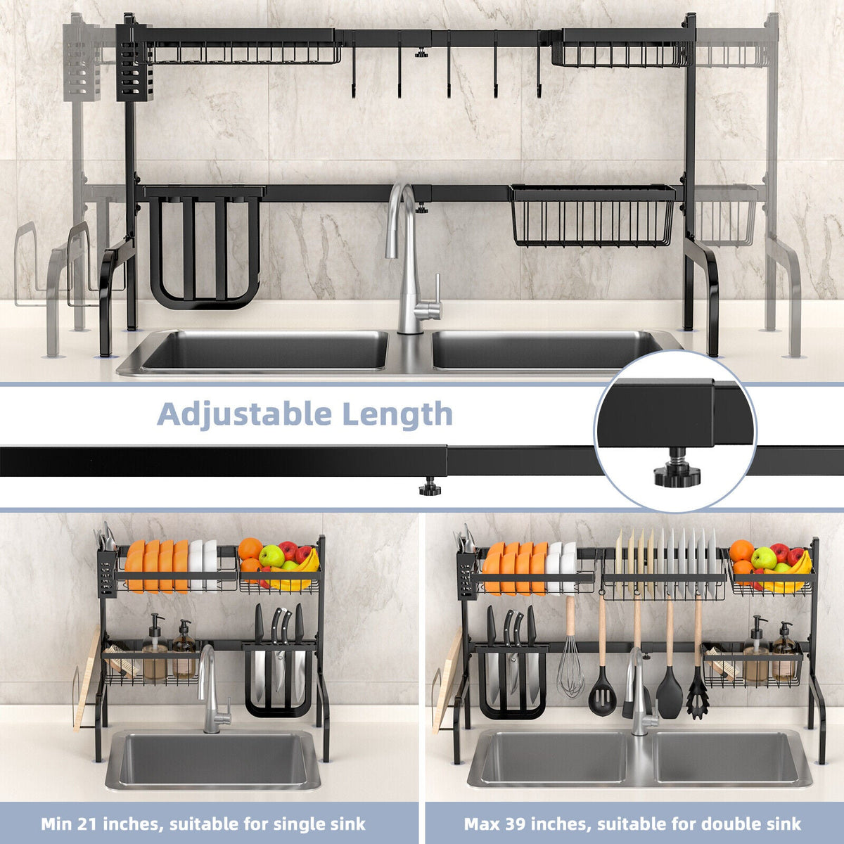 Adjustable Over-Sink Dish Drying Rack with Hooks