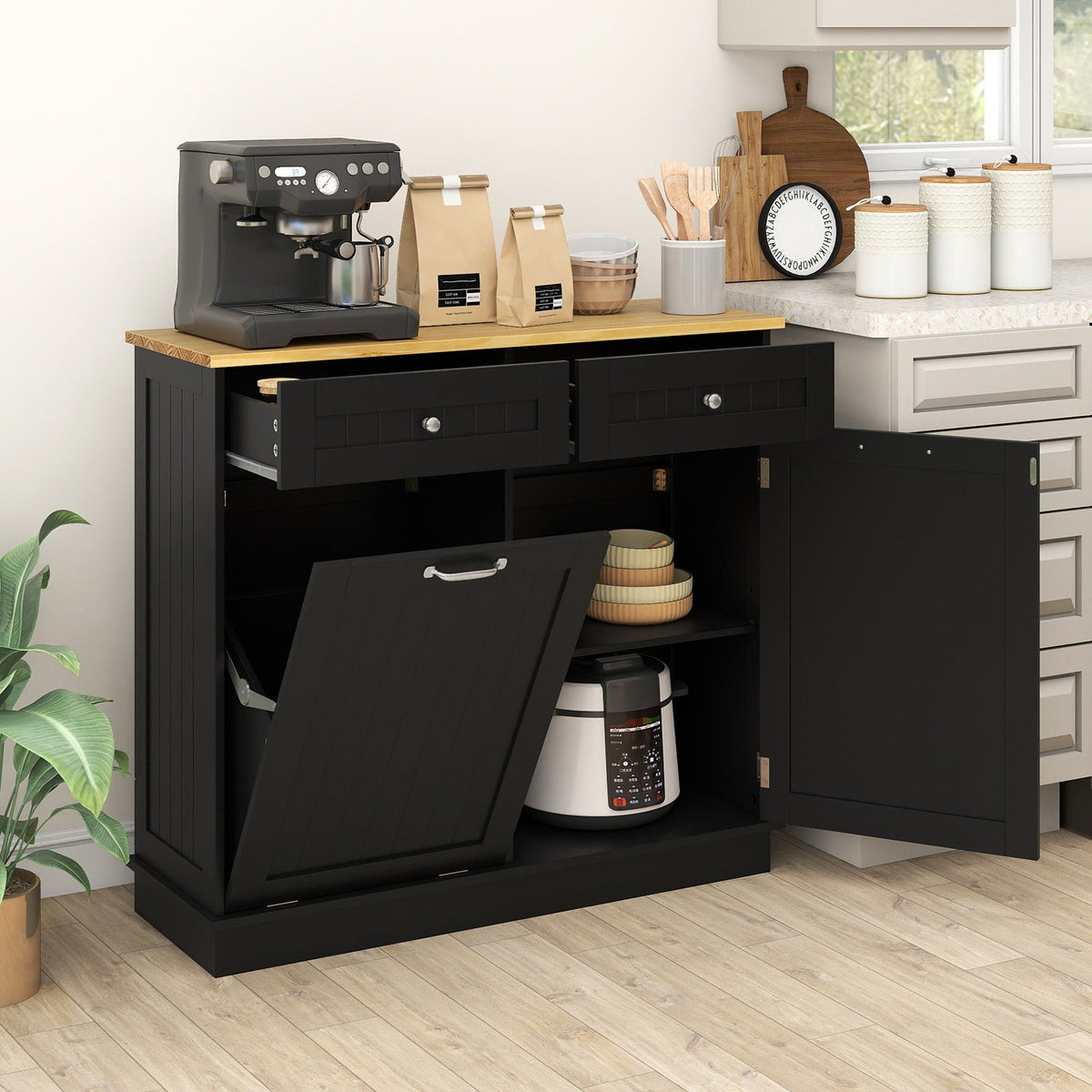 Tilt-Out Kitchen Trash Cabinet with Drawers