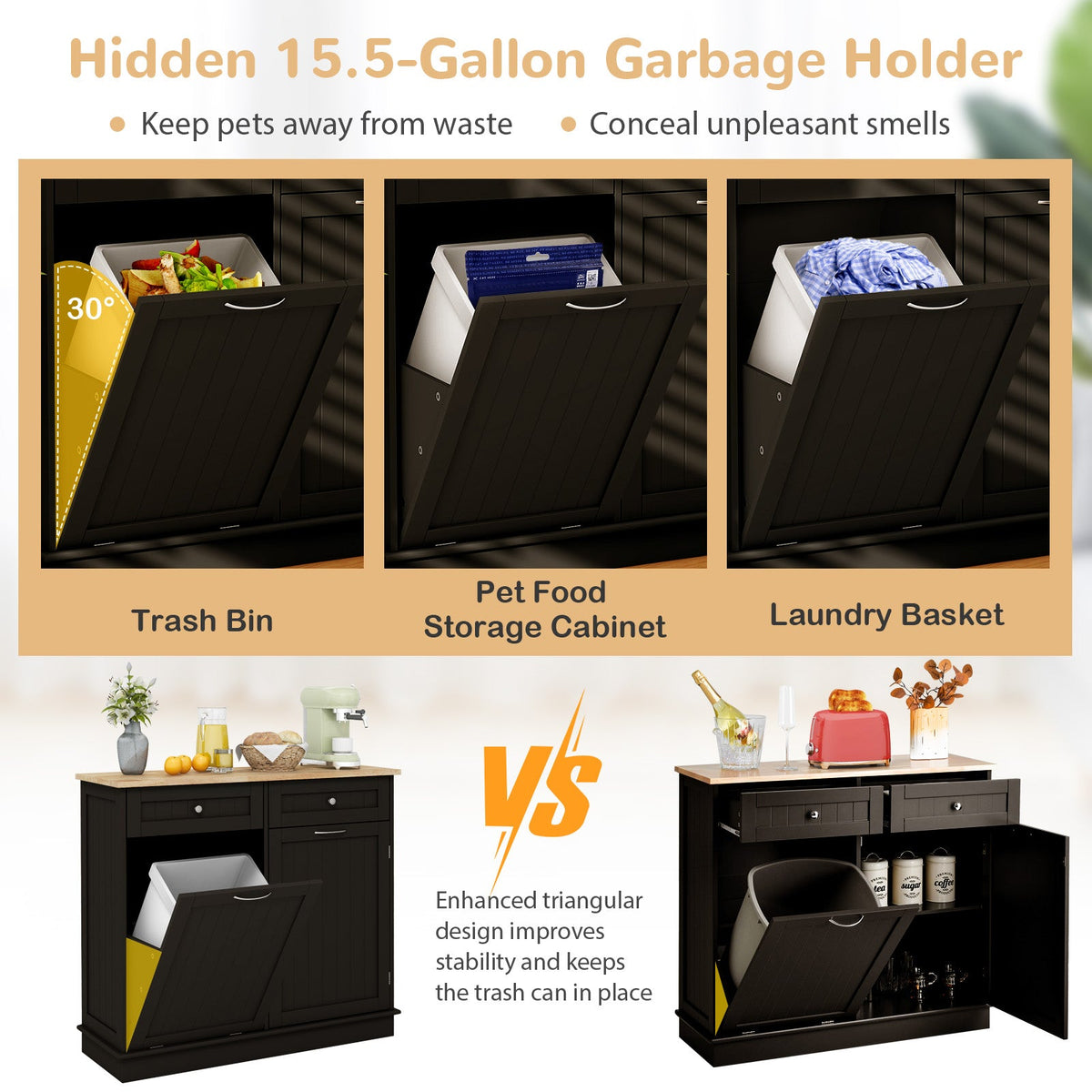 Tilt-Out Kitchen Trash Cabinet with Drawers