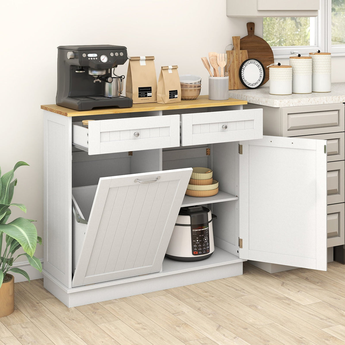Tilt-Out Kitchen Trash Cabinet with Drawers