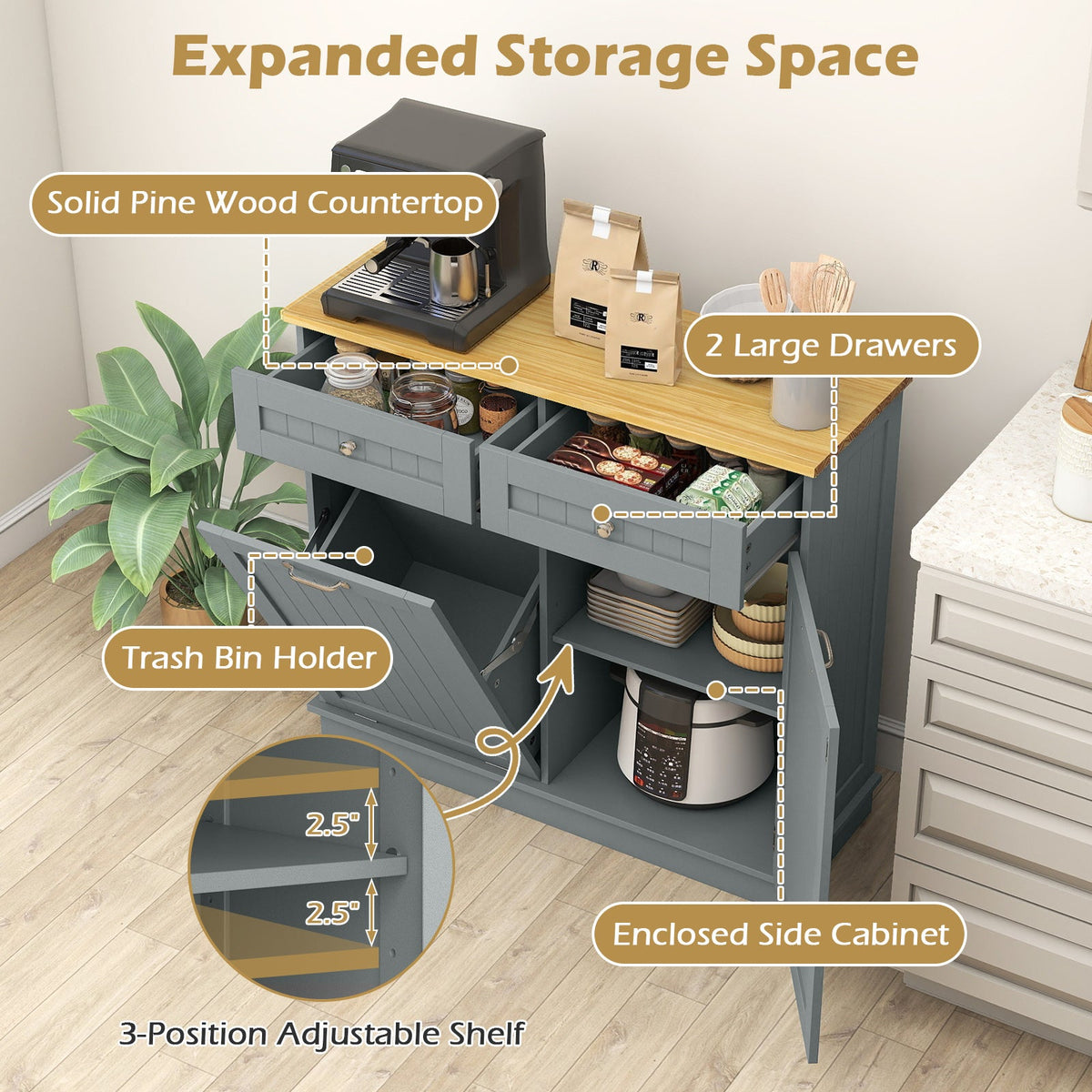 Tilt-Out Kitchen Trash Cabinet with Drawers
