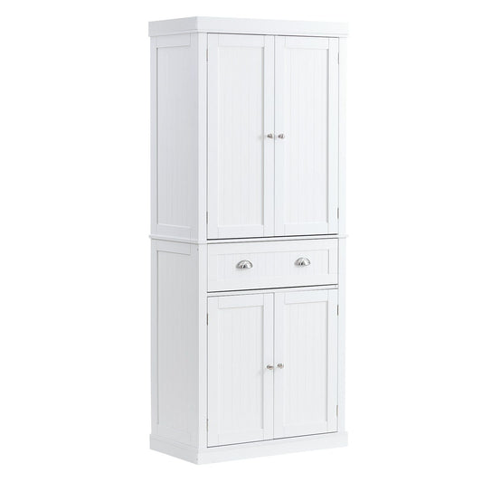 72" Kitchen Pantry Storage Cabinet, Freestanding Utility Cabinets with Doors, Drawer and 3 Adjustable Shelves, Tall Food Buffet Pantries for Kitchen, Living Room, Dinning Room, Laundry, White