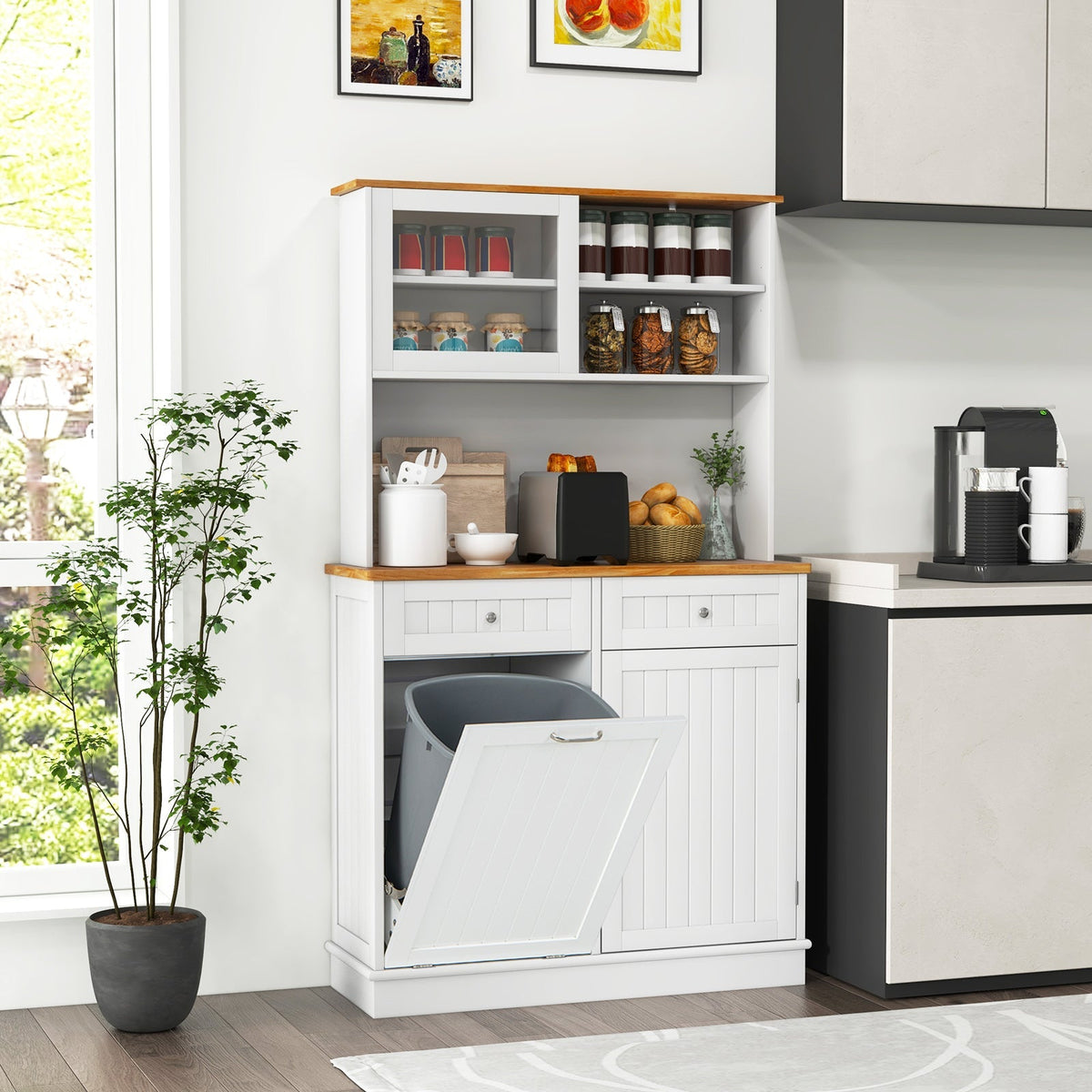 Double Tilt-Out Trash Cabinet with Hutch