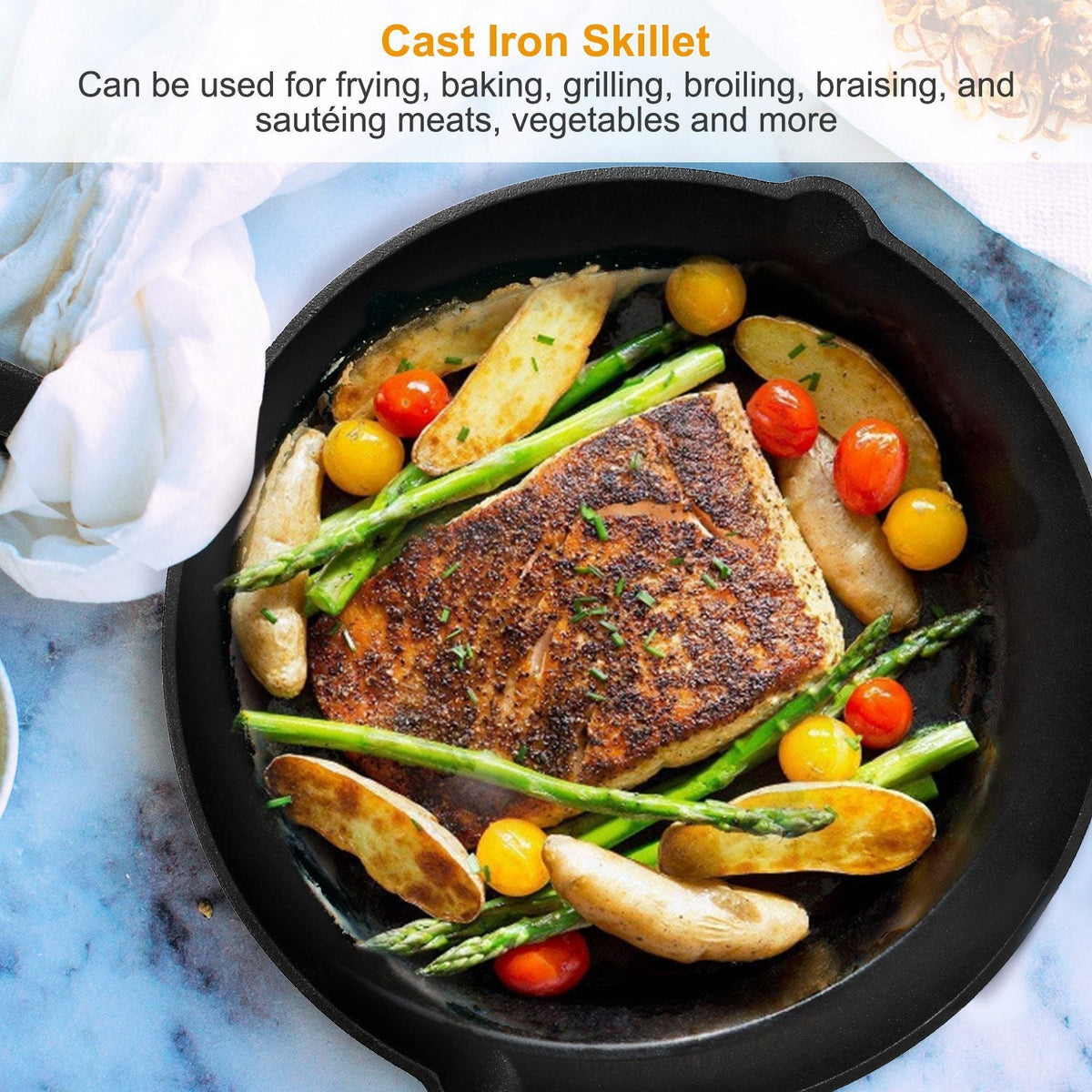 3Pcs Pre-Seasoned Cast Iron Skillet Set 6/8/10in Non-Stick Oven Safe Cookware Heat-Resistant Frying Pan