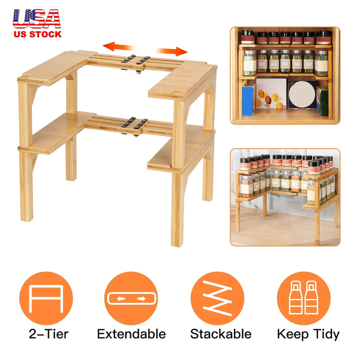 Expandable 2-Tier Bamboo Spice Rack