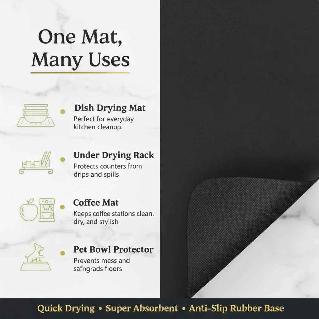 Black Dish Drying Mat — Super Absorbent, Non-Slip