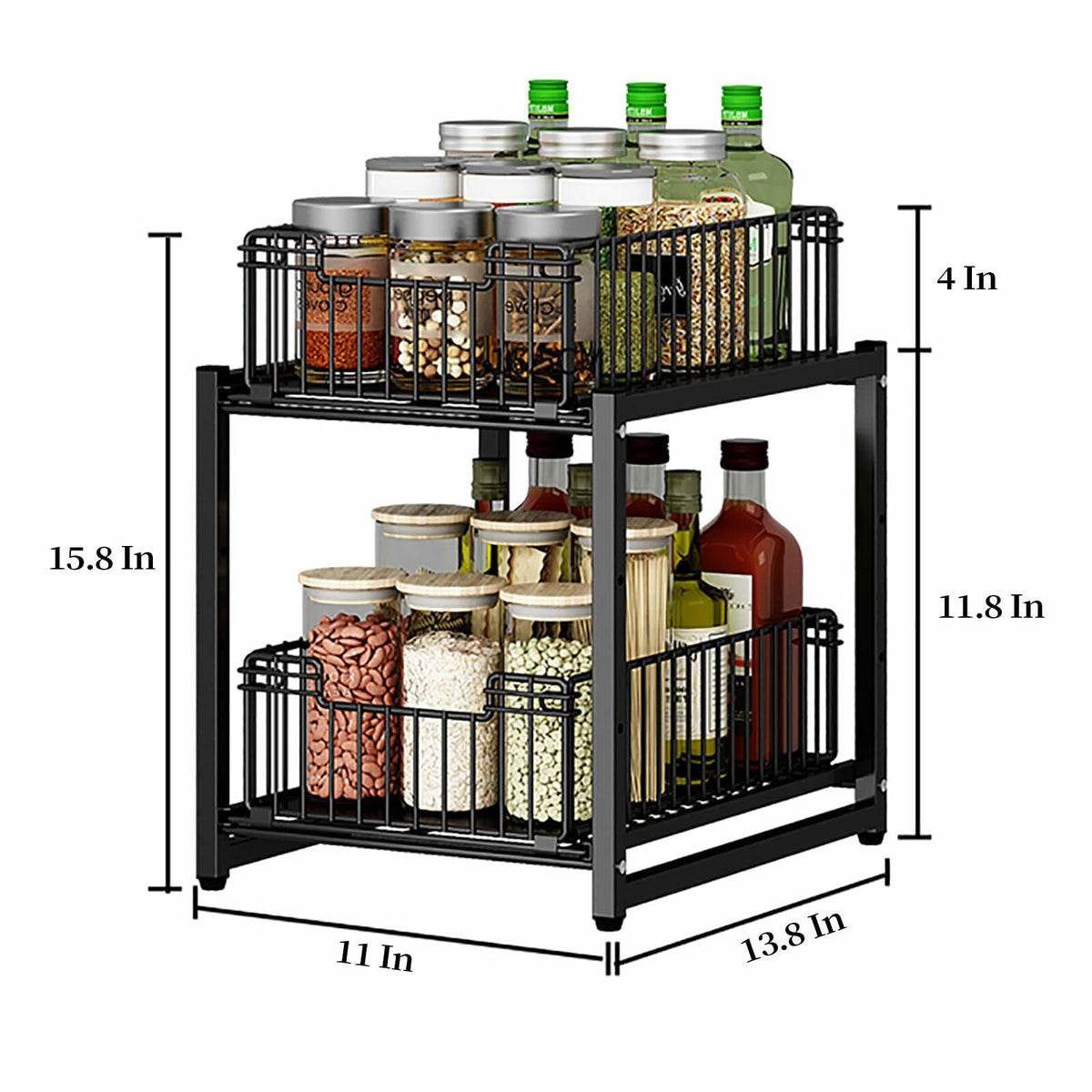Black metal spice rack with containers on a white background, showing dimensions.