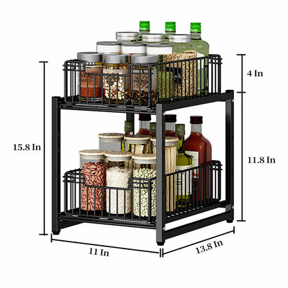 Black metal spice rack with containers on a white background, showing dimensions.