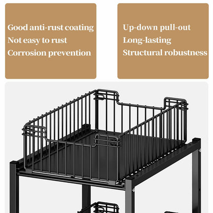 Black metal storage rack with features highlighted on a white background