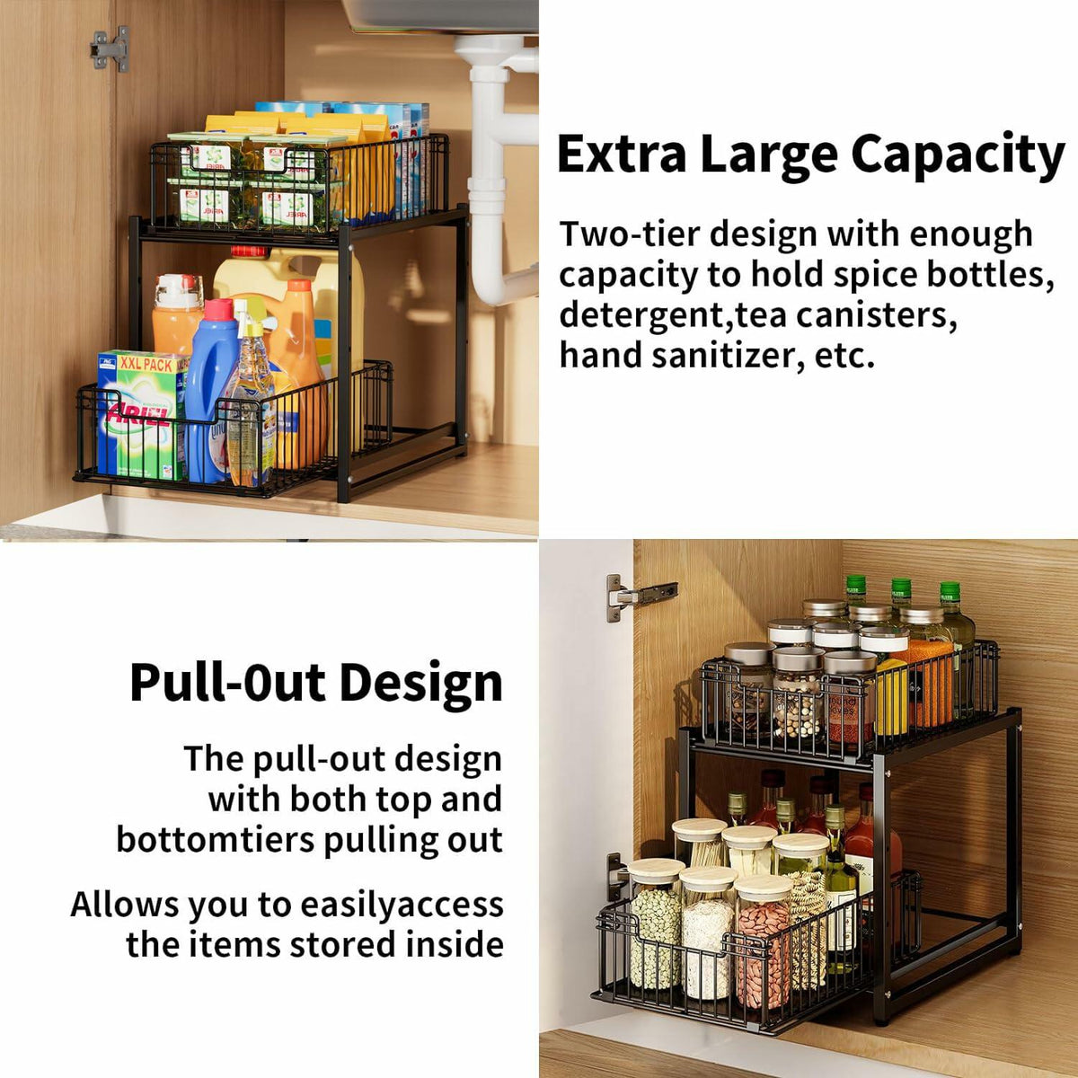 Kitchen cabinet organizer with pull-out design and extra large capacity, holding various items.