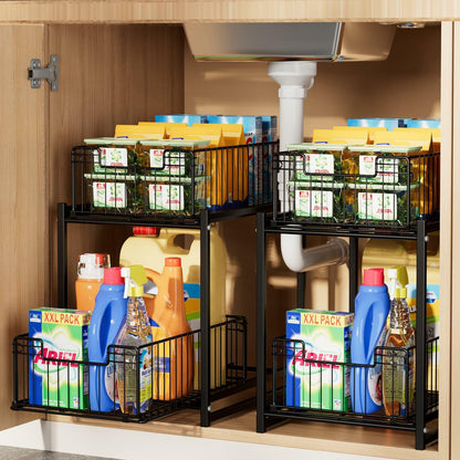 Under-cabinet organizer with cleaning supplies in a kitchen setting