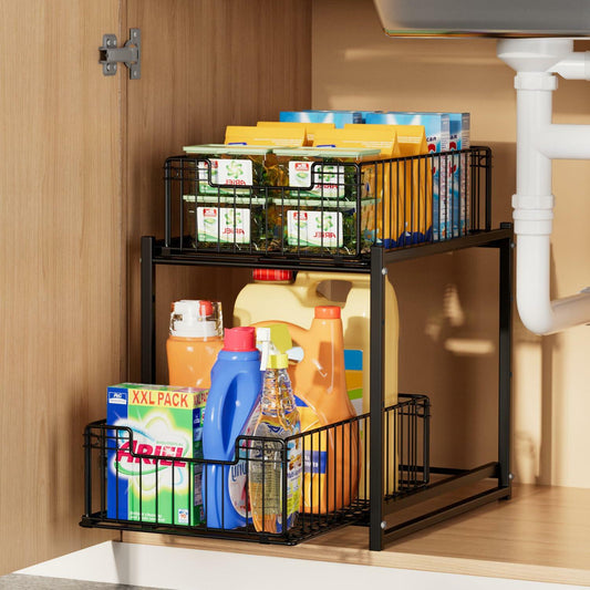 Under-sink storage rack with cleaning supplies in a kitchen setting