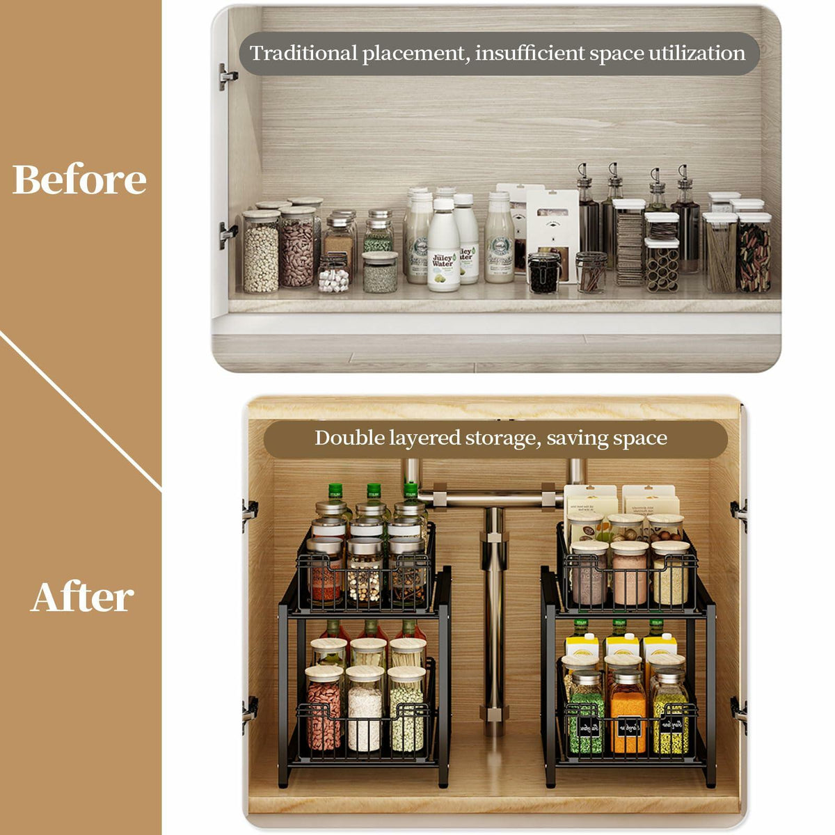 Before and after comparison of a kitchen cabinet with a double-layered storage solution.