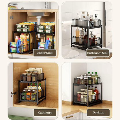 Collage of a kitchen organizer in different settings including under sink, bathroom sink, cabinet, and desktop.