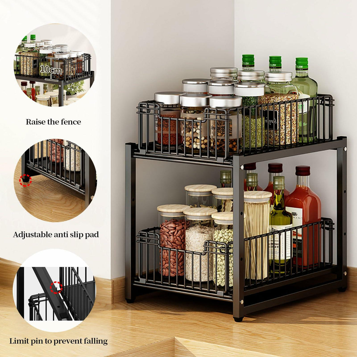 Kitchen storage rack with jars and bottles on a wooden floor.