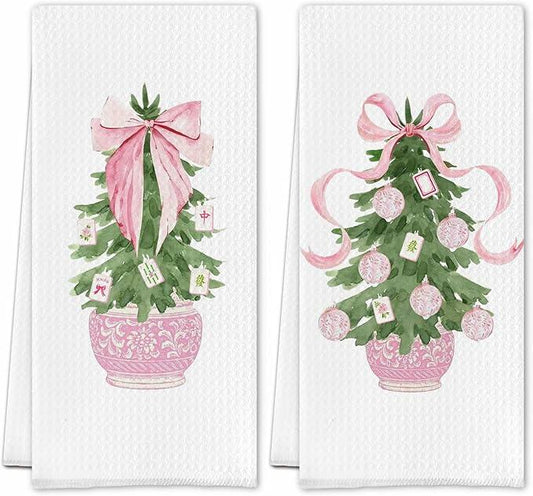 SereneHanctuary Chinoiserie Pink Bow Martini Kitchen Towels 16x24 Set of 4